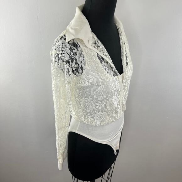 VINTAGE Anxiety Ivory Floral Lace Snap Up Long Sleeve Blouse Bodysuit Top VTG M - Picture 5 of 7